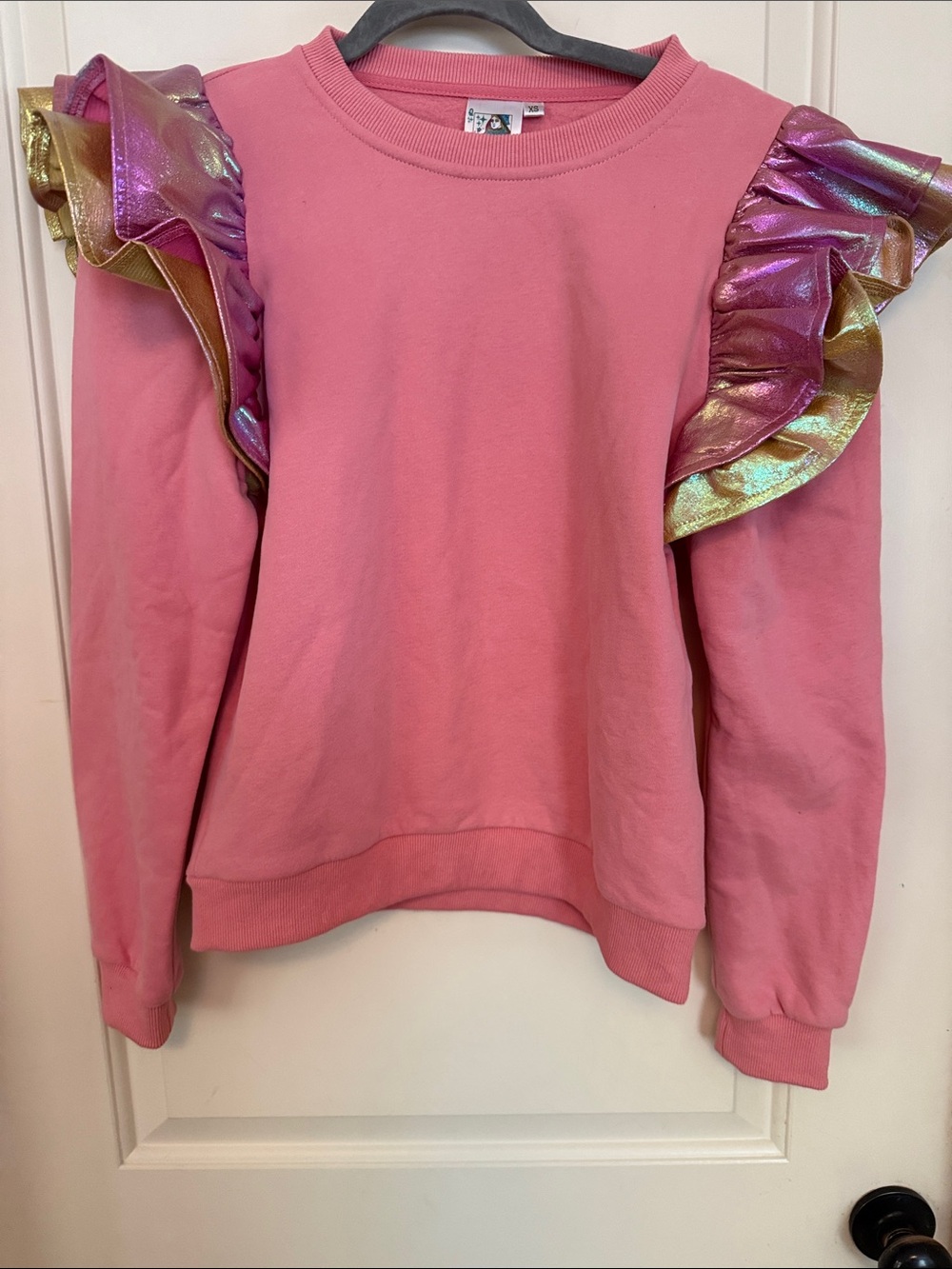 Queen of Sparkles Pink Sweatshirt with  Neon Metallic Ruffles Size XS NWOT